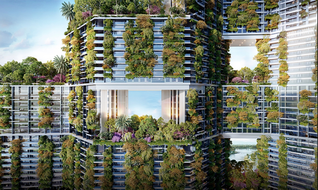 Dự án Sky Forest gồm ba tòa tháp được phủ xanh bởi 8 công viên cùng 1.000 "khu vườn" trên cao. Ảnh phối cảnh: Ecopark